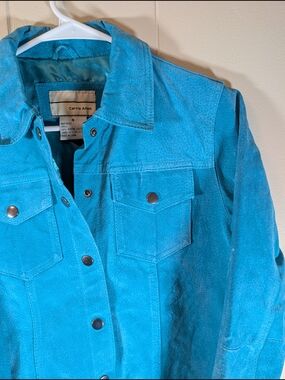 Carrie Allen Leather Jacket Womens Small Turquoise Cropped Western Scalloped Hem